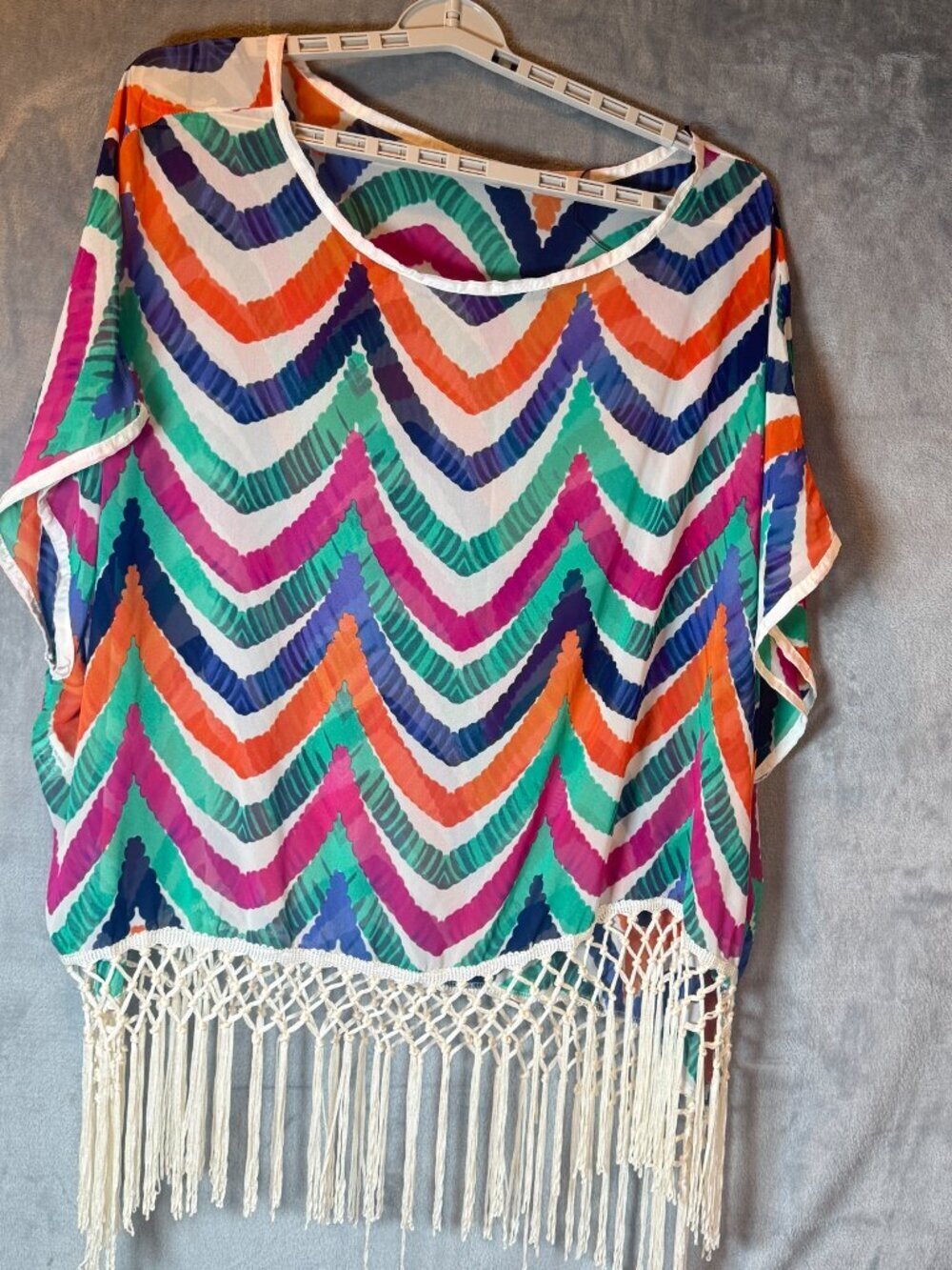 Boho Fringe Poncho, Top Multicolor Sheer ,Beach Cover Up, Resort Wear, One Size - Picture 7 of 7